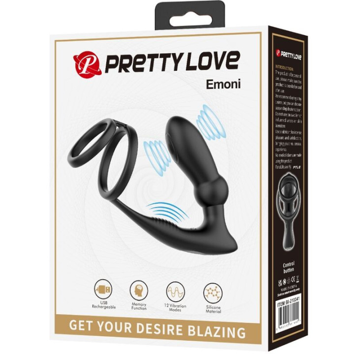 Pretty Love - Emoni Penis Ring + Anal Plug 12 Wibracji Czarny