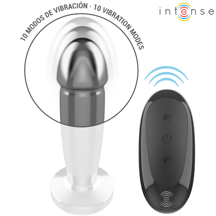Intense - Plug Anal 10 Vibraciones Metal en Forma de Dildo Con Control Remoto s