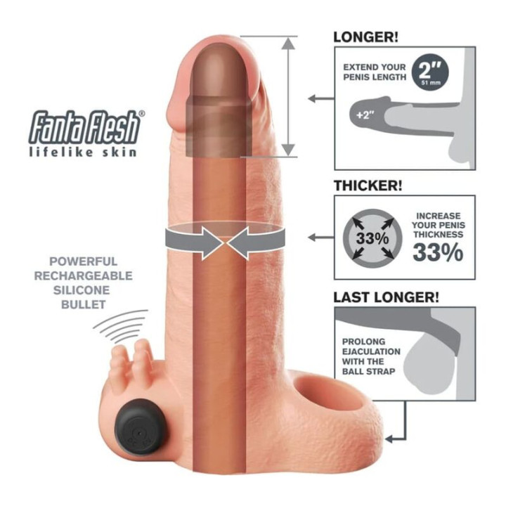 Fantasy x-Tensions - Manga Extensora de Pênis Vibratória Com Sensação Realista de 5cm Bege