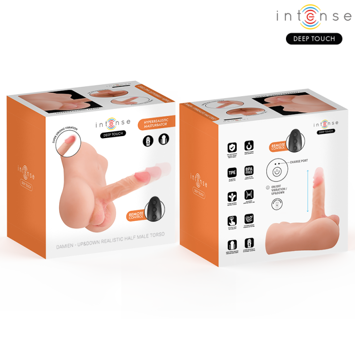 Intense Deep Touch - Torse Damien Avec Gode Réaliste Avec Fonction de Poussée et de Vibration, Télécommande, 3,5 kg