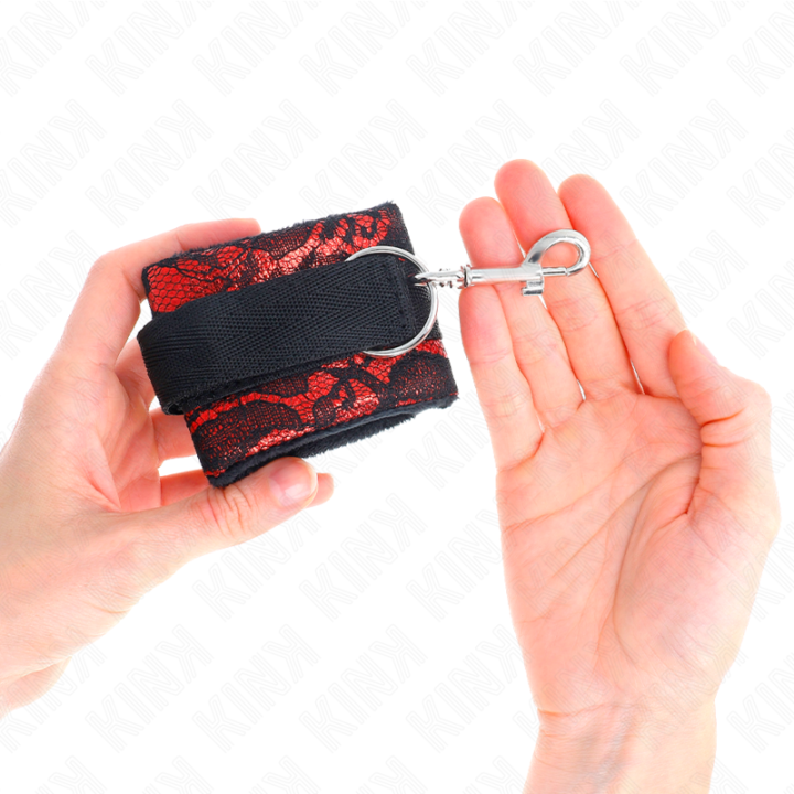 Kink - Krótkie Zapiecie na Nadgarstki z Aksamitu Koronkowego i Wiazanie Nylonowe Czerwony / Czarny 23 x 6,5 cm