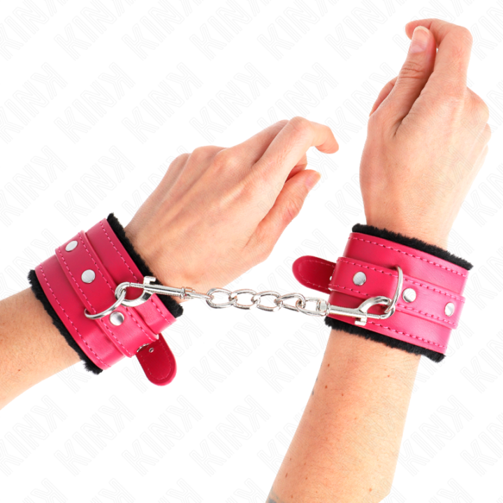 Kink - Premium Pelzgefütterte Handgelenkfesseln Schwarz Mit Himbeerrosen-Gürtel Verstellbar 17-29 cm x 6 cm