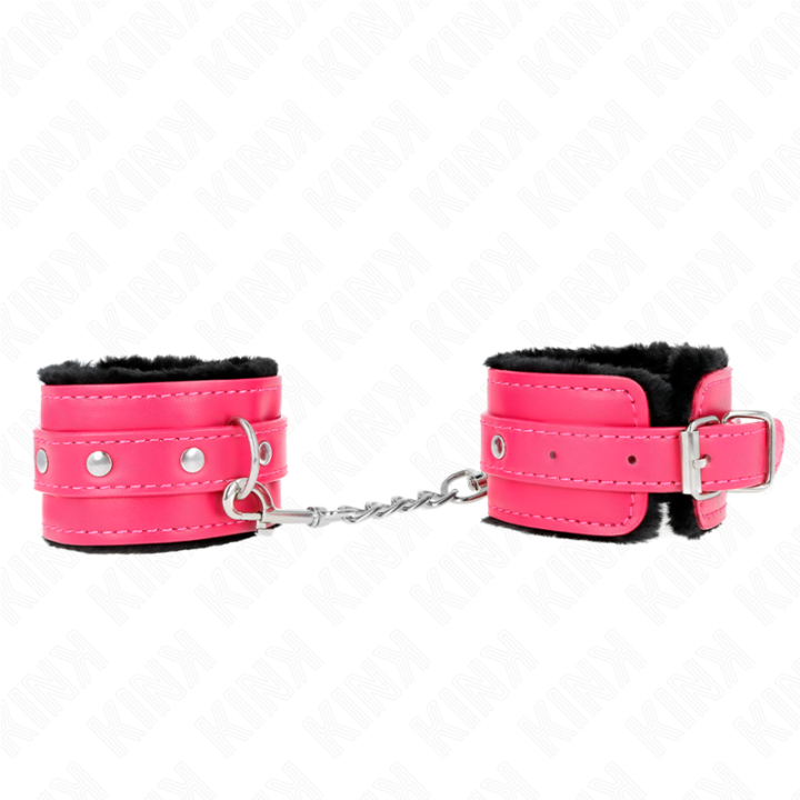 Kink - Premium Pelzgefütterte Handgelenkfesseln Schwarz Mit Himbeerrosen-Gürtel Verstellbar 17-29 cm x 6 cm