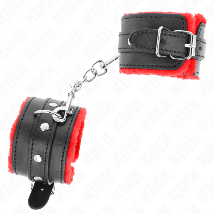 Kink - Appui-Poignets Doublés de Fourrure Premium Rouge Avec Ceinture Noire Réglable 17-29 cm x 6 cm