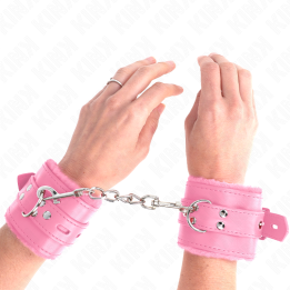 Kink - Appui-Poignets Doublés de Fourrure Avec Trous Carrés Rose et Ceinture Rose Réglable 17-29 cm x 6 cm