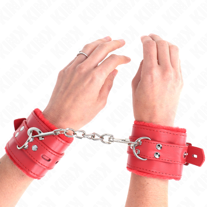 Kink - Appui-Poignets Doublés de Fourrure Avec Trous Carrés Rouge et Ceinture Rouge Réglable 17-29 cm x 6 cm
