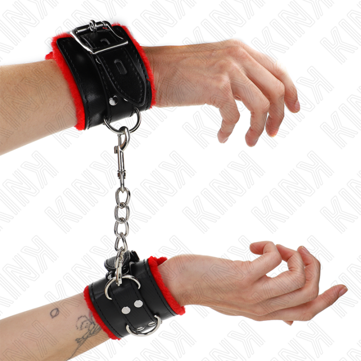 Kink - Okladki na Nadgarstki Wykladzone Futrem z Kwadratowymi Otworami Czerwony i Czarny Pasek z Regulacja 17-29 cm x 6 cm