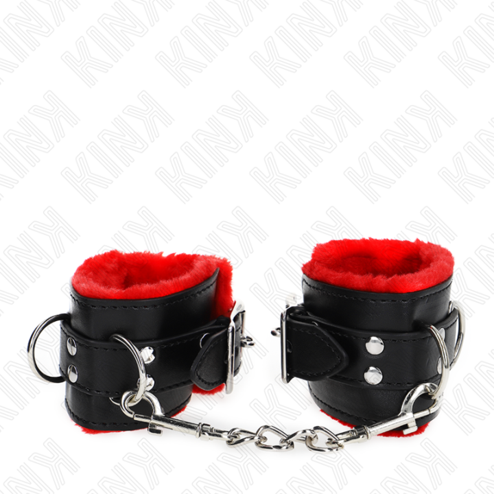 Kink - Okladki na Nadgarstki Wykladzone Futrem z Kwadratowymi Otworami Czerwony i Czarny Pasek z Regulacja 17-29 cm x 6 cm