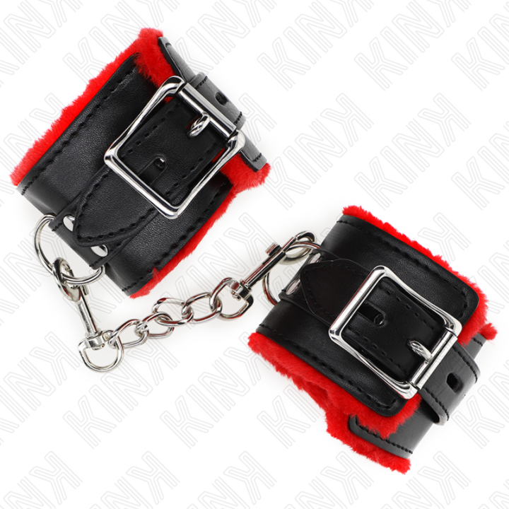 Kink - Okladki na Nadgarstki Wykladzone Futrem z Kwadratowymi Otworami Czerwony i Czarny Pasek z Regulacja 17-29 cm x 6 cm