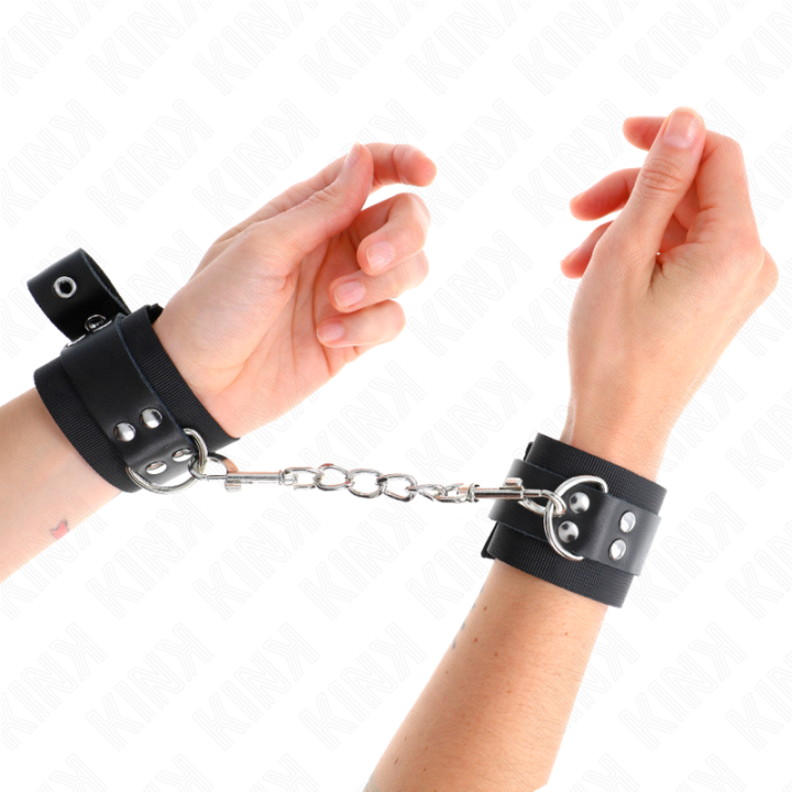 Kink - Nylon Handgelenkfesseln Schwarz Mit Ledergurte Schwarz Verstellbar 19-29 cm x 5,1 cm