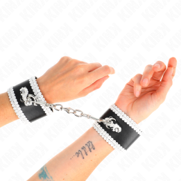 Kink - Black Wrist Restraints With White Decorate Lace Adjsutable 20-23 cm x 5.5 cm
