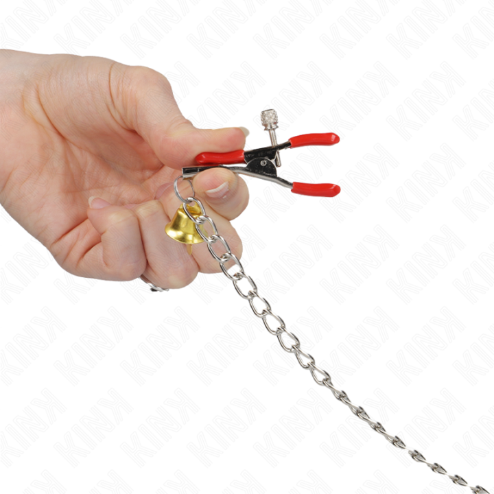 Kink - Bell Triple Nipple And Clit Clamps Red With Chain 30 cm