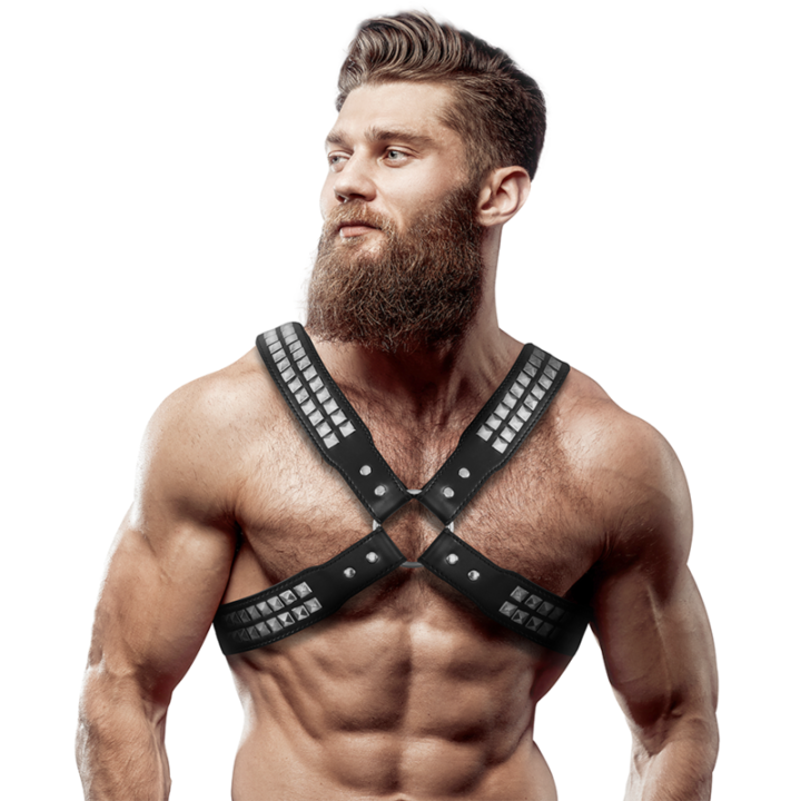 Fetish Submissive Attitude - Harnais en Cuir Écologique Pour Hommes Poitrine Croisée Avec Rivets