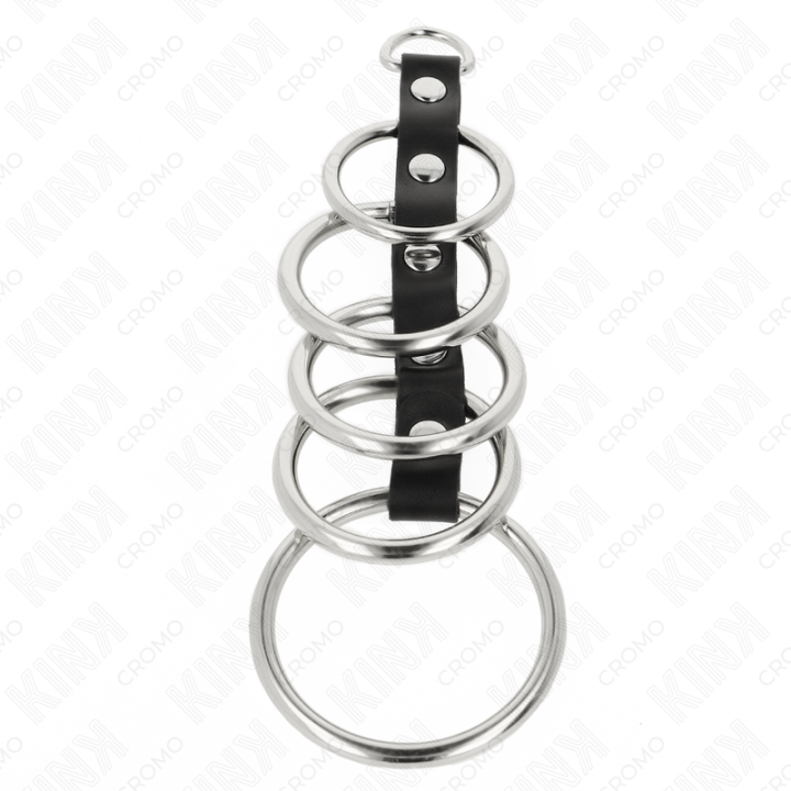 Kink - 5 Anelli Per Pene in Metallo da 3,2 cm a 5 cm Collegati da Pelle