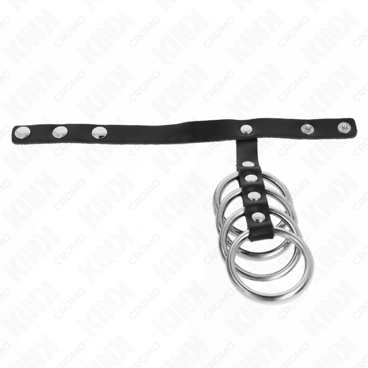 Kink - 4 Metal Penis Rings 3.8 cm Connected With Leather Strap 22 x 1.5 cm And Pressure Closure