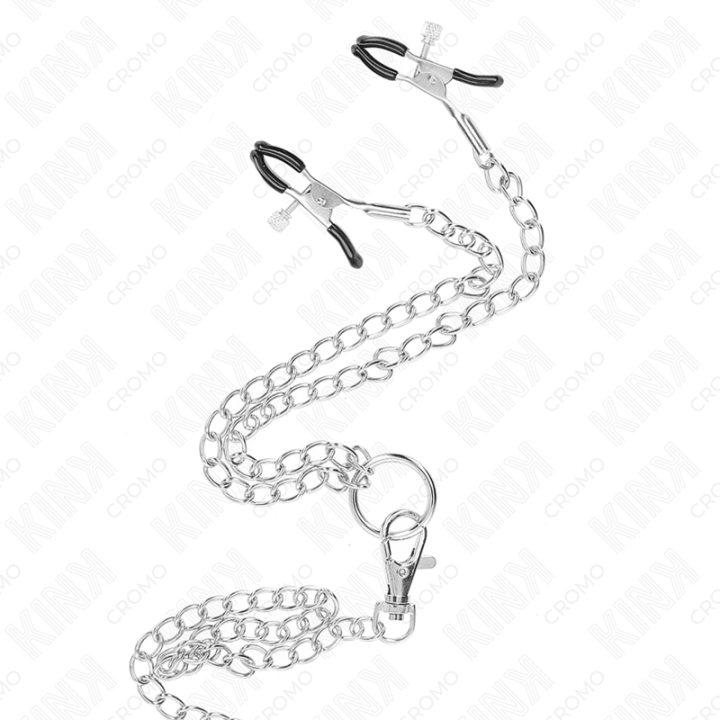 Kink - Anel de Pênis Triplo de Metal Cromado de 3,8 cm a 5 cm Com Corrente de Metal de 26 cm e Grampos de Mamilos Modelo 1