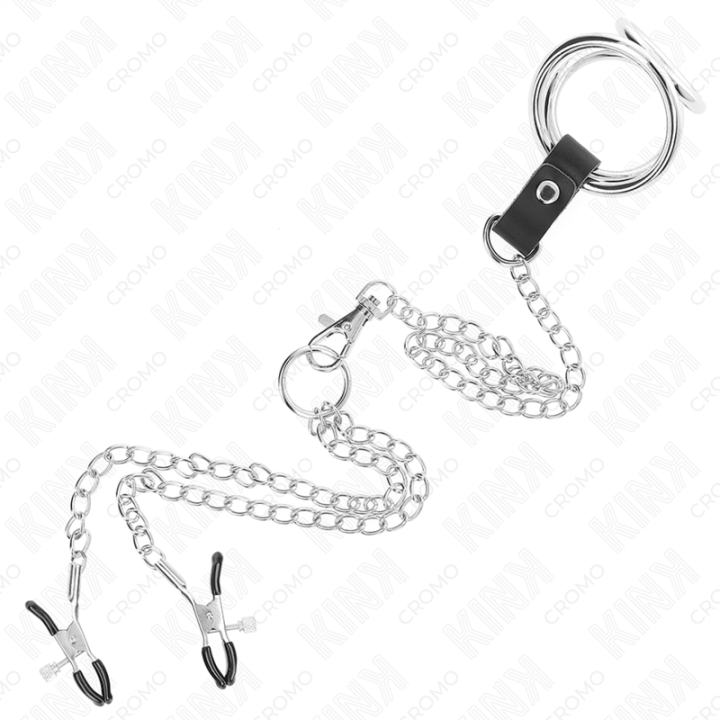 Kink - Anel de Pênis Triplo de Metal Cromado de 3,8 cm a 5 cm Com Corrente de Metal de 26 cm e Grampos de Mamilos Modelo 1