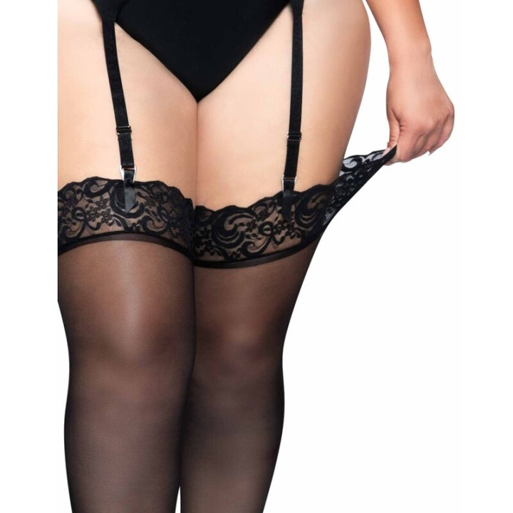 Leg Avenue - Outlet - Czarne Nylonowe Ponczochy z Koronka Top Plus