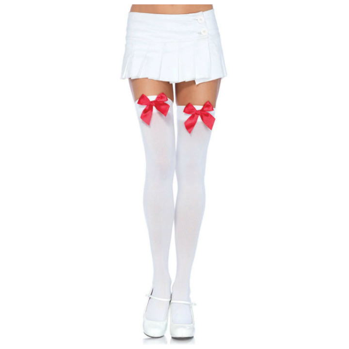 Leg Avenue - Cuisses Hautes en Nylon Avec Noeud Blanc / Rouge