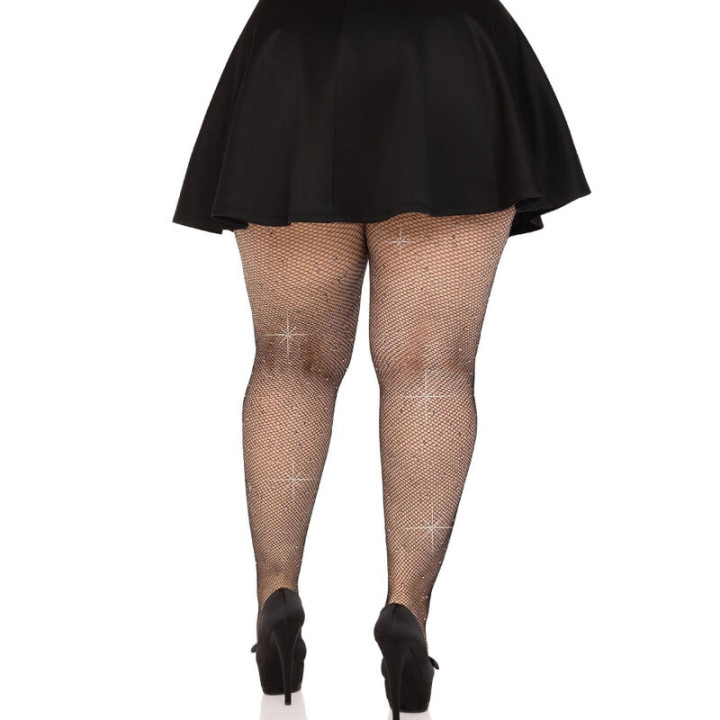 Leg Avenue - Ponczochy z Krysztalowej Siateczki Czarne Plus Size