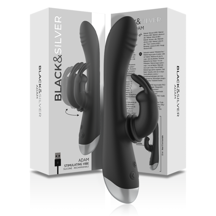 Black&Silver - dj. Stimulateur de Lapin Rechargeable en Silicone Adam Noir