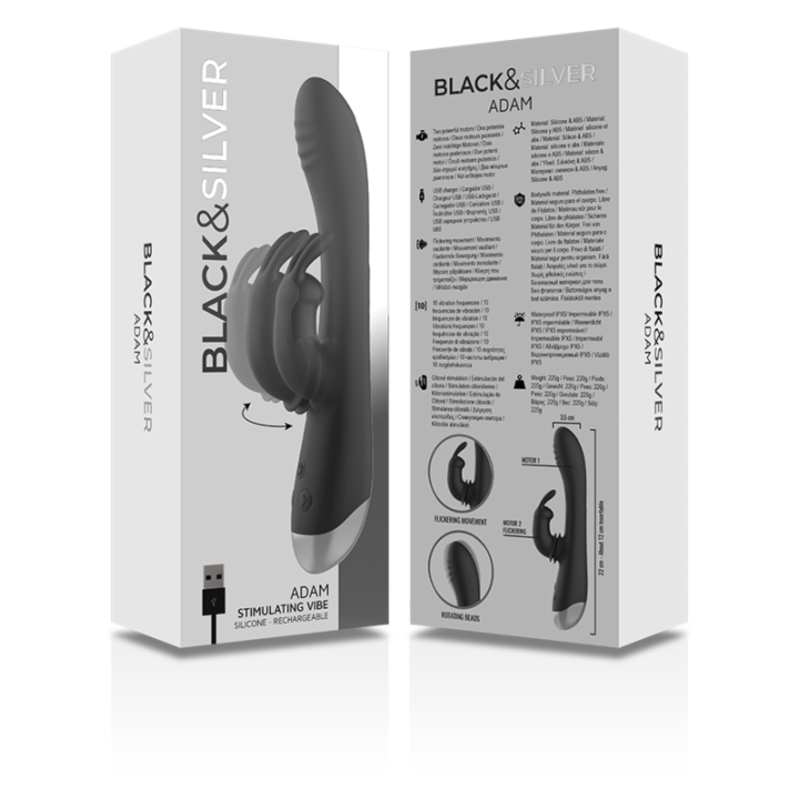Black&Silver - dj. Stimulateur de Lapin Rechargeable en Silicone Adam Noir