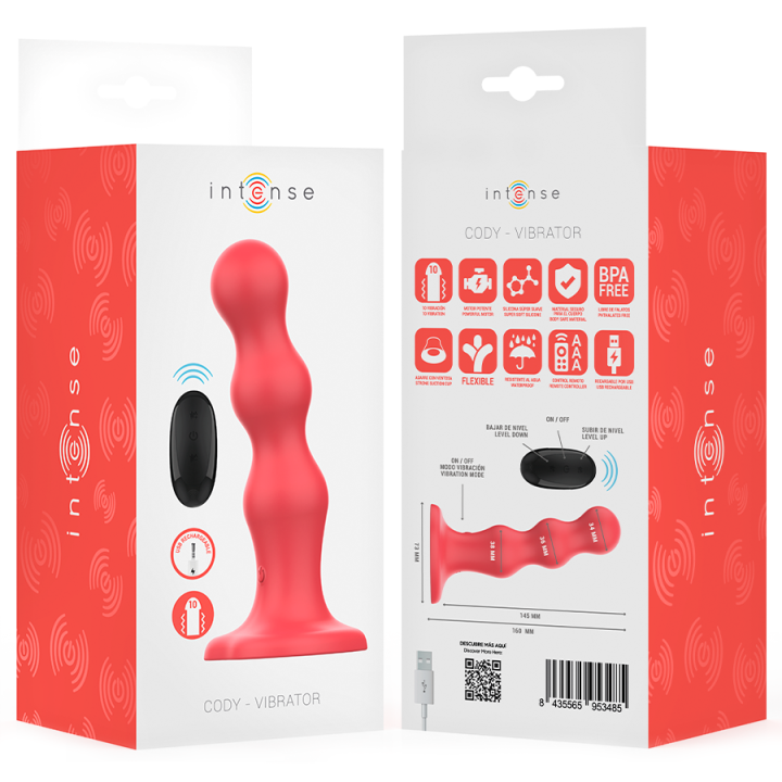 Intense - Cody Vibrator With Suction Cup Red Remote Control